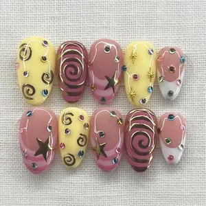 Celestial Star Press On Nail, Handmade Gold Chrome Swirl Nails, Cute Retro Nail Art