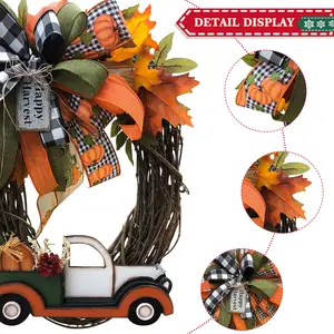 Farmhouse Pumpkin Truck Wreath Autumn Nature Decoration Halloween Front Door Hanging Ornament Festival Home Decoration