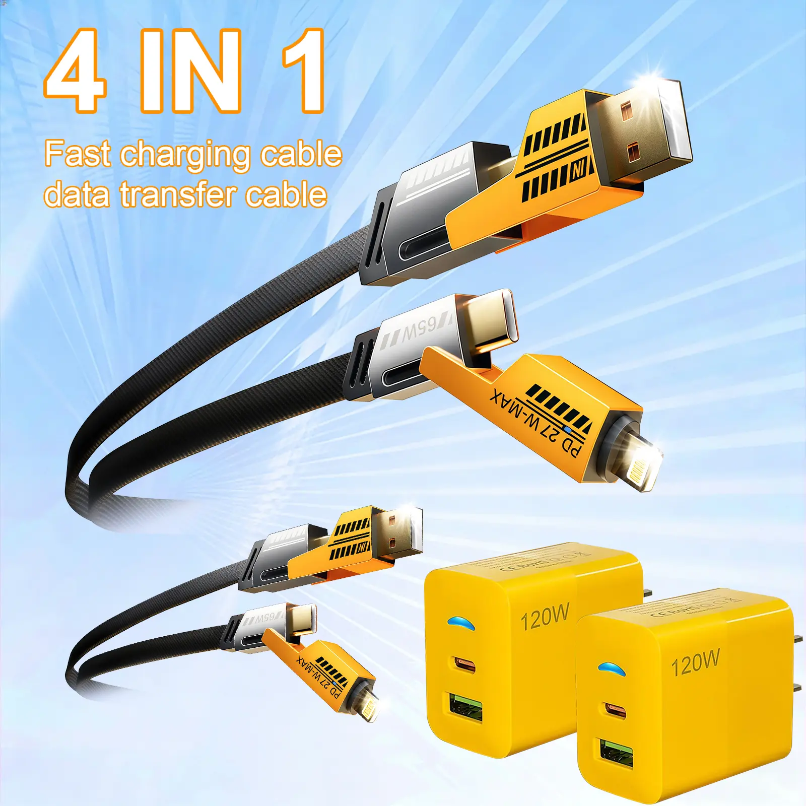 1-Pack Portable Fast Charger, Type C/USB A Dual Ports Adapter,4 in 1 Fast Charging Cable & Data Sync, 5FT Flat Braided Charger Cord for iPhone 17/16/15/14/13/12Pro Max/iPad/Airpods/Samsung Series Phone Accessories Smartphone Device