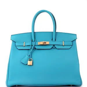 Pre-owned HERMÈS Leather Tote Bags REBAG Hermes Birkin Handbag Turquoise Togo with Gold Hardware 35 by Rebag