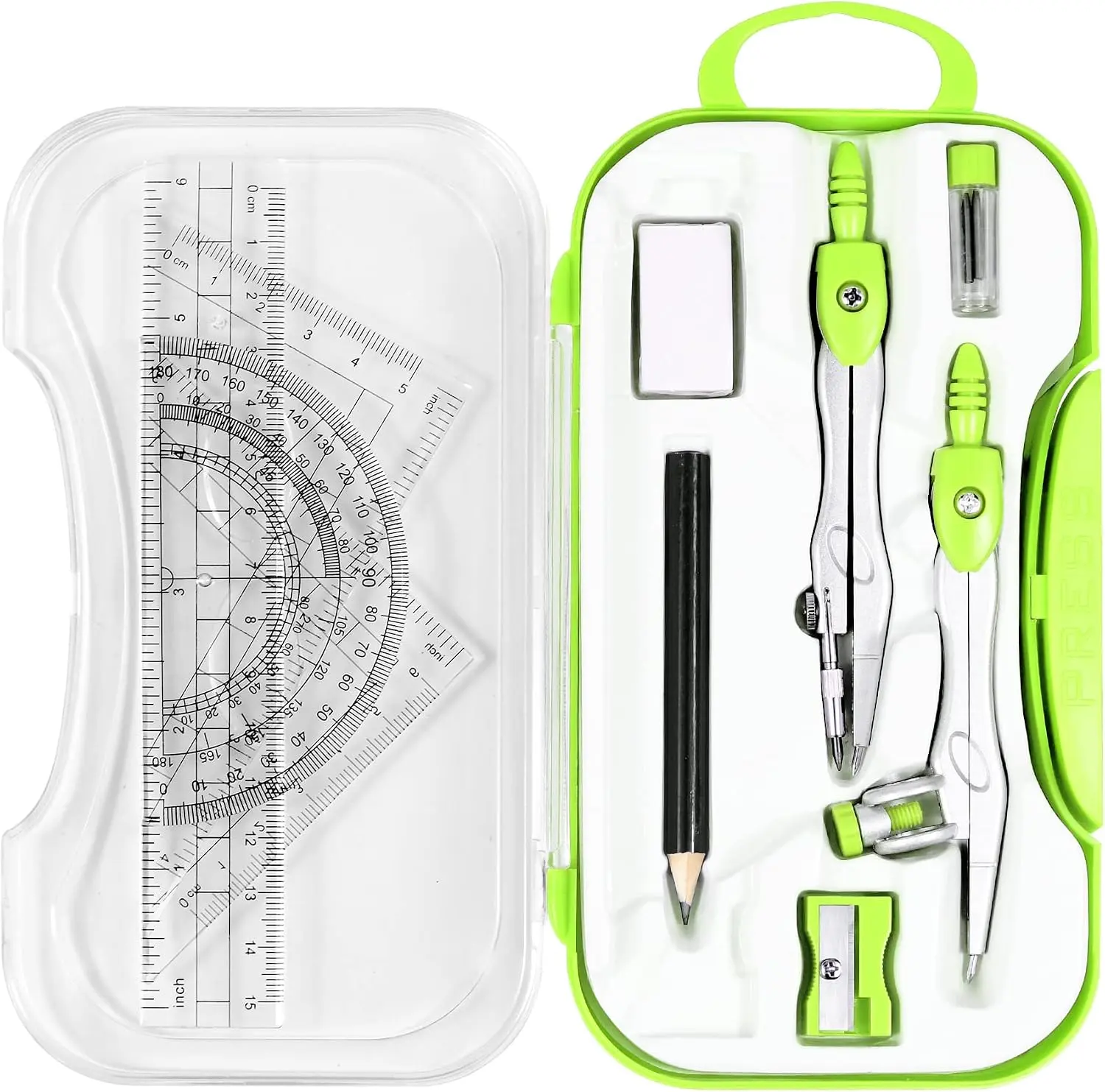 Geometry Set 10 Pcs Student Supplies, Protractor and Compass (Green） | Shatterproof Storage Box,Rulers,Protractor,Compass,Eraser,Pencil Sharpener,Lead Refills,Pencil,for Classroom, Back to School
