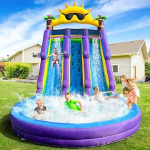 Inflatable Grade Double Water Slide for Kids and Adults with Big Splash Pool, 20.6 * 9.45 * 11.3FT Backyard Party Oxford Water Slide with Air Blower-Purple summervibes