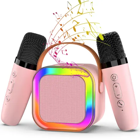 Portable Rechargeable Kids Karaoke Machine Toy with 2 Wireless Microphones - Pink, Bluetooth Mic Link, Strong Bass, Kids' Personal Video Player Accessory, Christmas Gift for 3-14 age Girls Boys