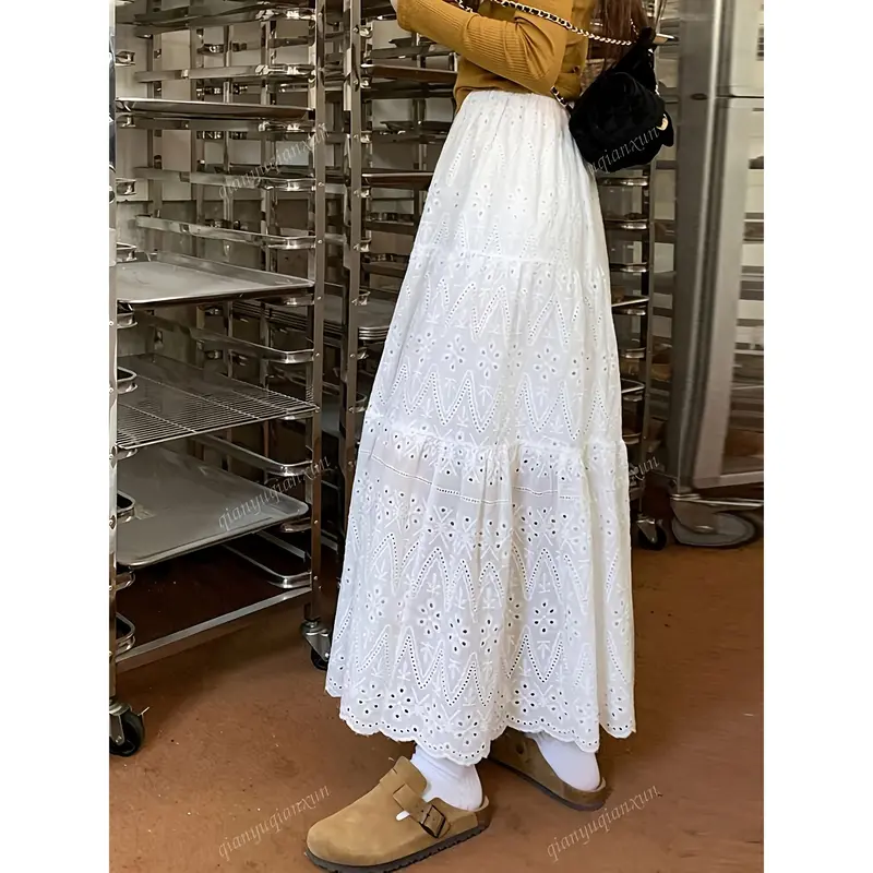 YuanYuanQun Women's A-Line Maxi Skirt - Elegant Solid Color High Waist Fitted Skirt with White Lace Jacquard, TB513640, All-Season Chic Bottoms