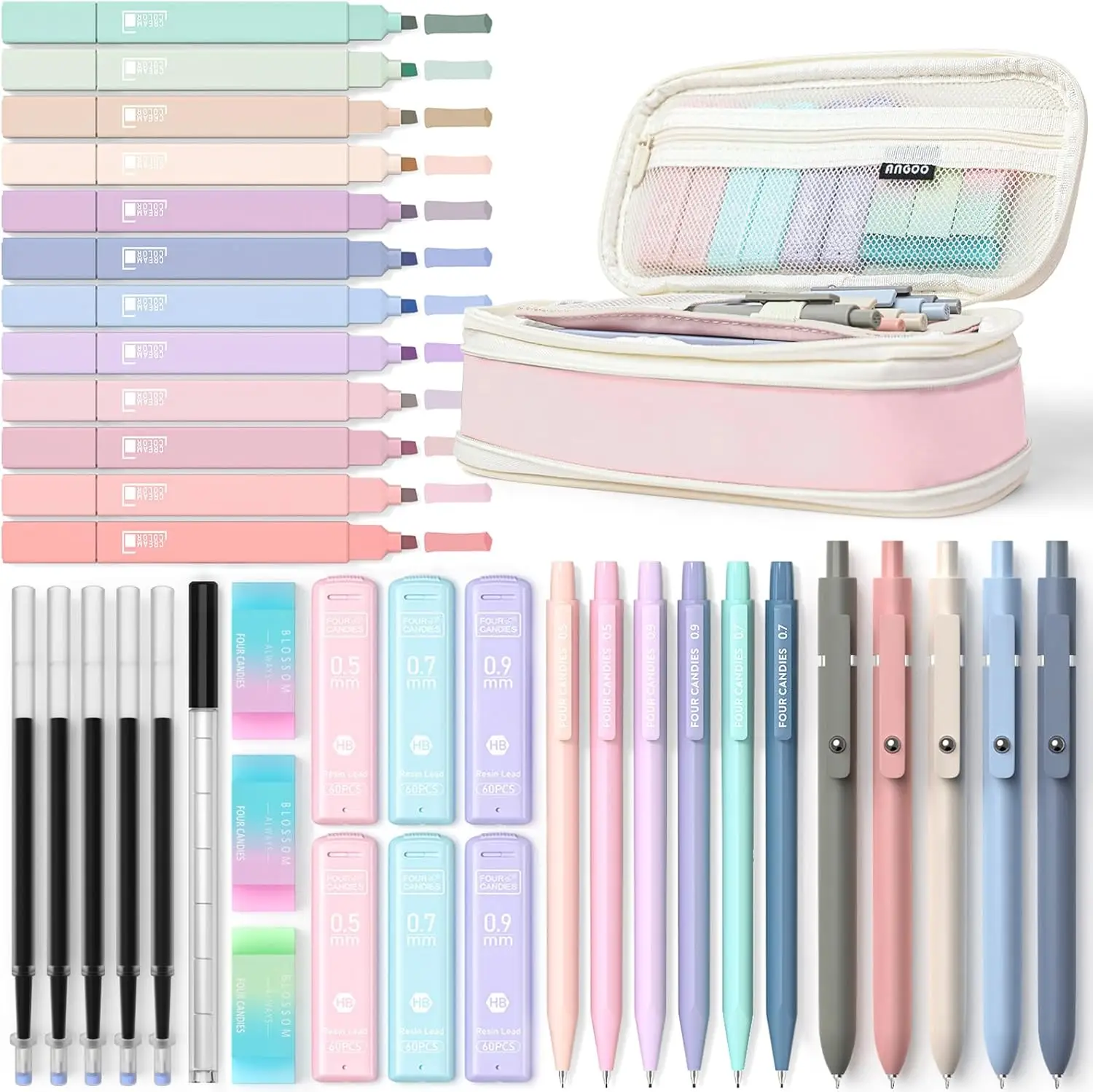 Four Candies 39 PCS Aesthetic School Supplies with Cute Pen Case, 12 Pastel Highlighters, 5 Black Ink Gel Pens, 6 Mechanical Pencils Set 0.5 & 0.7 mm