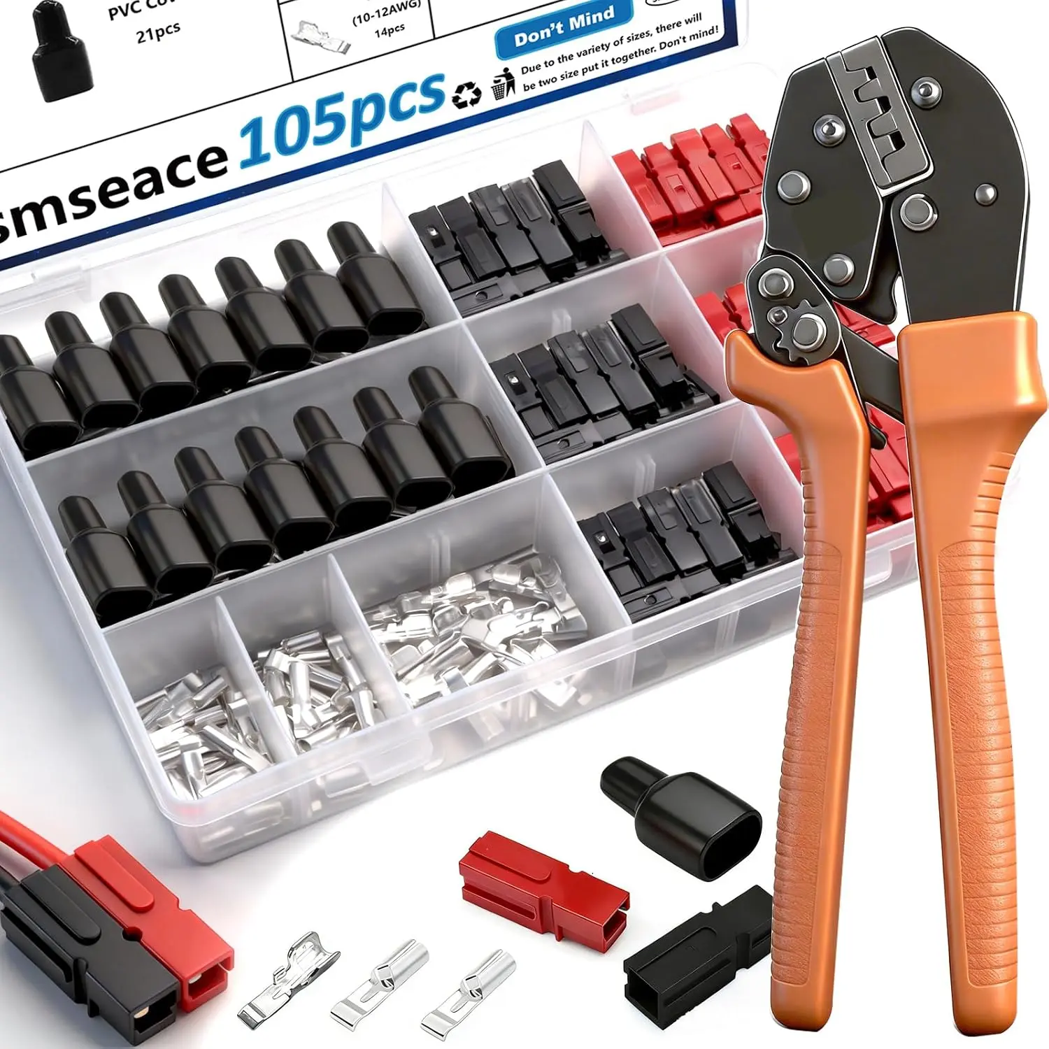 105-Piece Power Connectors Kit with Crimping Tool, 15/30/45 A PVC-Covered Quick Disconnect Terminals for 1.5-6mm² (20-10AWG) Wires