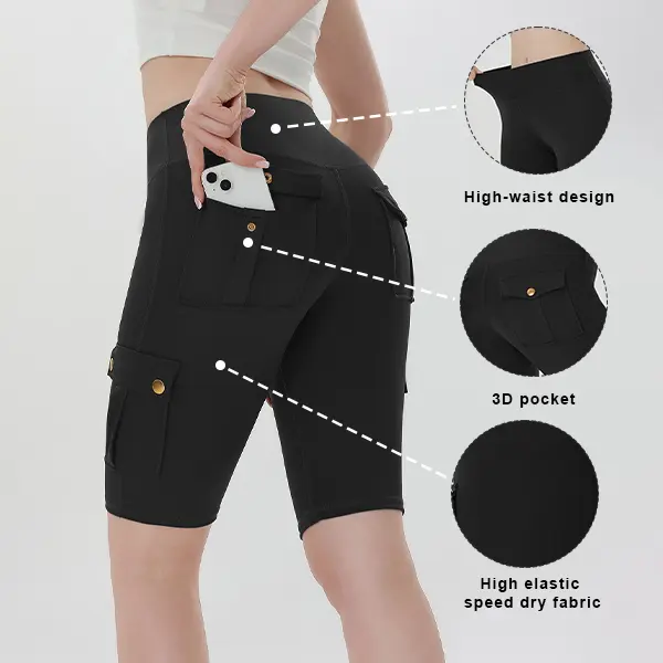 1pc Women's Solid Color Pocket Design Athletic Yoga Cargo shorts For Exercise & Fitness, High-Wais Sports Cargo shorts