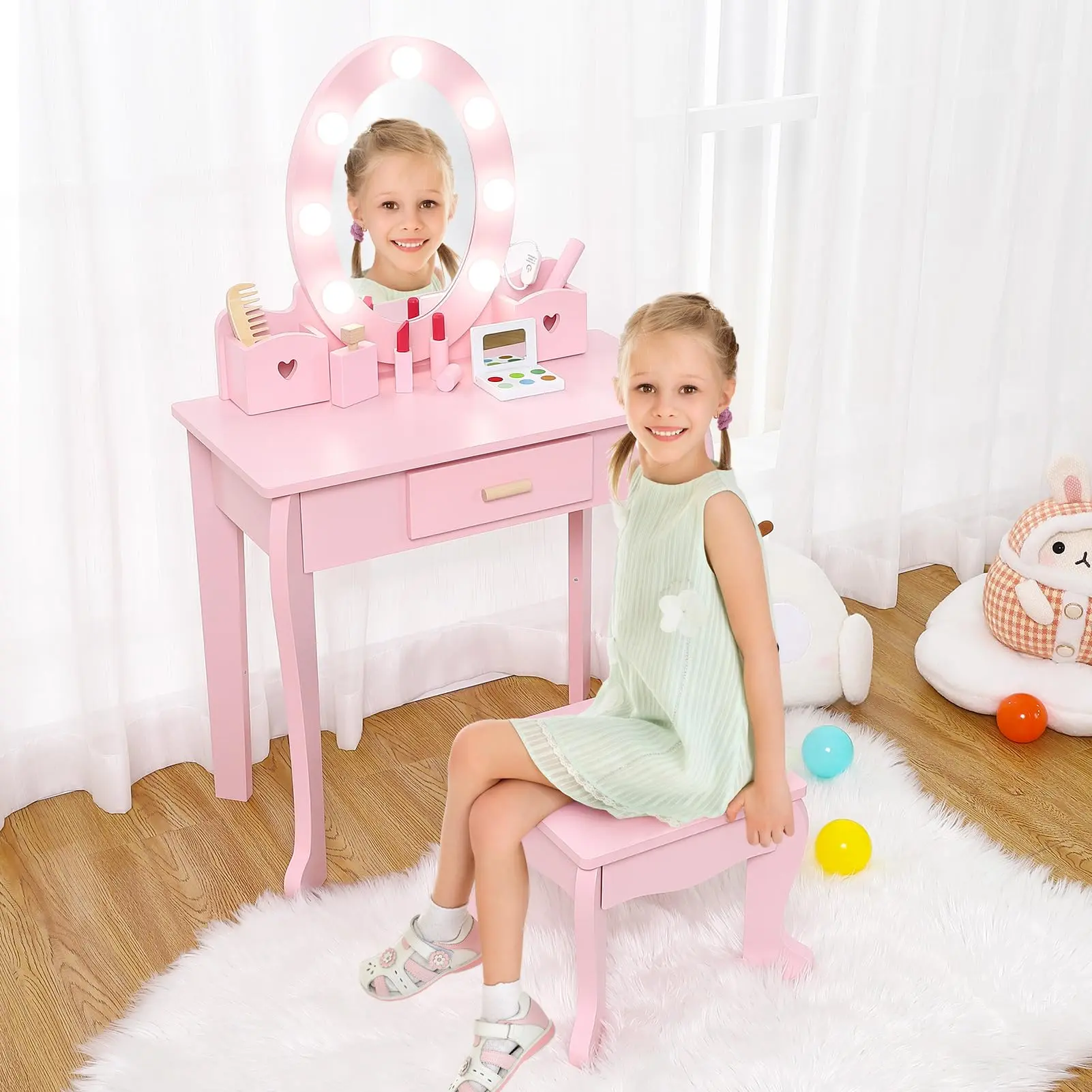 Deluxe Adjustable Lighted Kids Vanity Table Set with Chair - Adorable Toddler Makeup Playset, Dressing Table for Girls - Perfect for Imaginative Pretend Play & Fun Grooming Activities