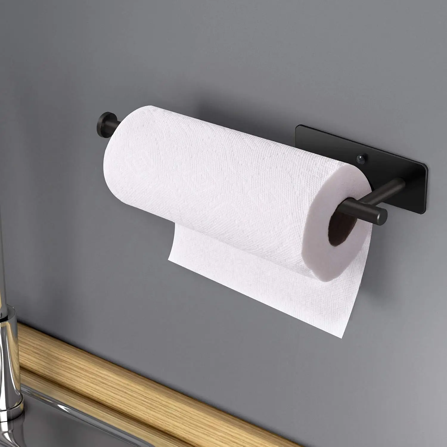 Self Adhesive Punch Free Paper Towel Roll Holder, Dual Use Under Cabinet & Wall Mount Rack, Black Stainless Steel Space Saver for Kitchen, Bathroom, RV, Dorm, Apartment and Daily Household Storage.towel holder