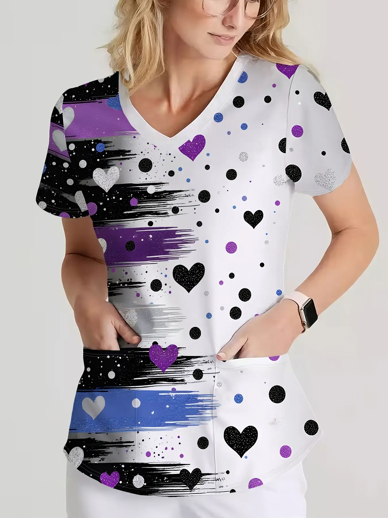 Ladies' Short-Sleeve V-Neck T-Shirt, Elegant And Stylish Nursing Uniform with Cute Prints in Romantic Purple, Black, Blue, White, Heart, Polka Dots, And Stripes. The Fabric Is Soft And Gentle on The Skin
