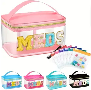MEDS Bag with Reusable Letter Patch 7 Transparent EVA Self-Sealing Medicine Bags Waterproof Nylon Portable Storage for Medicines Toiletries Cosmetics Ideal for Families Travelers Patients Nurses