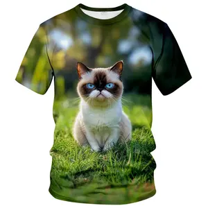 Unisex 3D Grumpy Blue-Eyed Cat on Grass Print T-Shirt, Casual Daily/Outdoor Wear for Pet Lovers & Cat Fans