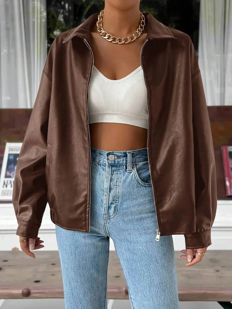 Women's Drop-Shoulder Zip-Up Viscose-Fabric Cropped PU Leather Jacket, Fall-Winter Tops & Coats with Long Sleeves