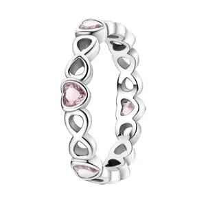 Dainty 925 Silver Plated Infinity Heart Ring with Pink Heart Stone Romantic Everyday Band, Birthday Gift for Her