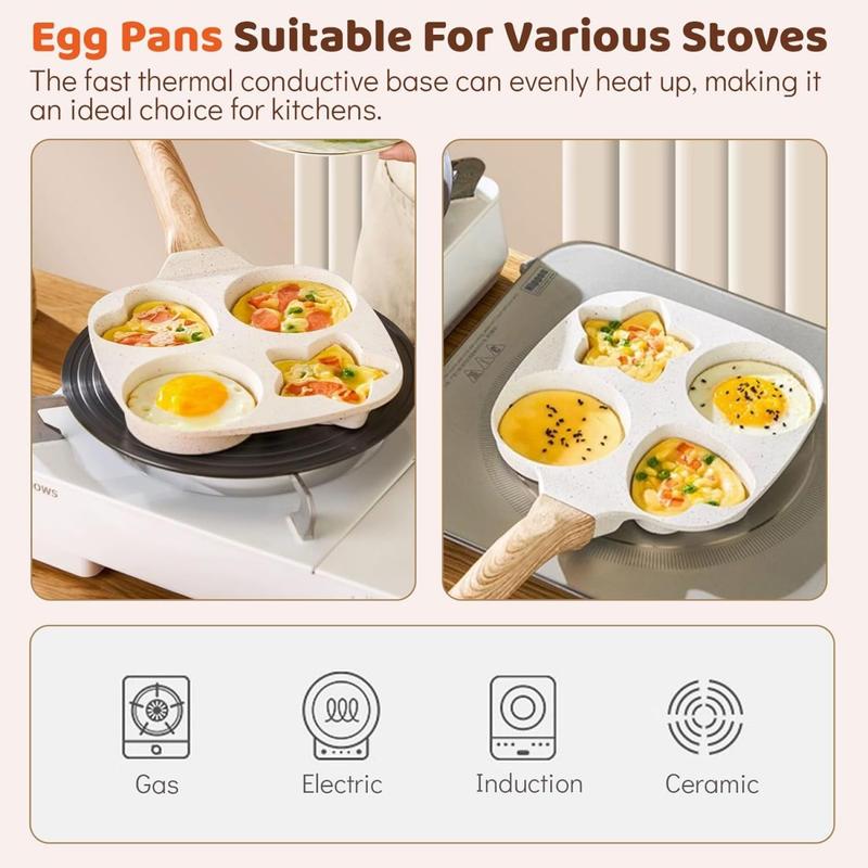 Non-stick Hole Design Egg Frying Pan, 4 Hole Skillet with Handle, Small Egg Fry Pan 4-in-1 Divided Grill Pan, Wooden Handle Stone Omelet Non-stick Cookware, Breakfast Pancake Pan, Kitchen Gadgets for Gas and Induction Cooktops gas stove