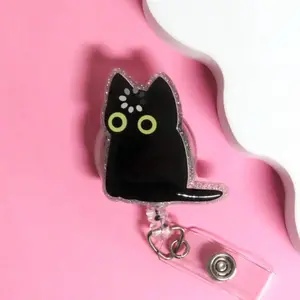 Black Cat Loading Badge Reel, Funny Void Cat Meme Retractable ID Holder