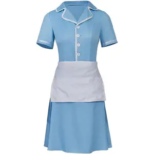 Waitress The Musical Cosplay Costume Blue Waiter Maid Costume Uniform Dress Outfit with Apron for Women Adult
