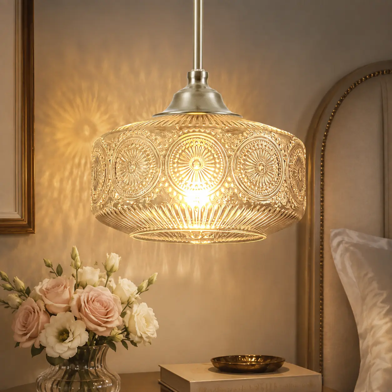 9.45in Drum Pendant Light with Etched Glass Shade for Kitchen Island Dining Room Over Sink