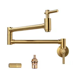 WOWOW Gold Brass Wall-Mount Pot Filler Faucet with Faucet Aerator - 2-Handle, Single Hole, Cold Water, Adjustable Flow Control, Stretchable Double-Joint Swing Arm for Above Stove