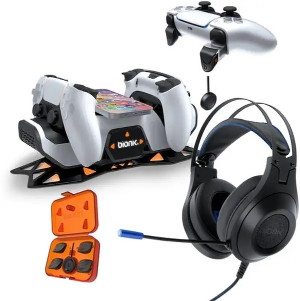 PS5 Accessory BIONIK PRO Bundle - Magnetic SIREX Wireless Headphones, Wireless Charging Power Stand, Quickshot Pro Trigger Lock, DualSense Edge Gamepads, Memory Foam Mobile Pad, Charges Up to 2 Controllers [Gaming Console Accessories for Faster Reactions]