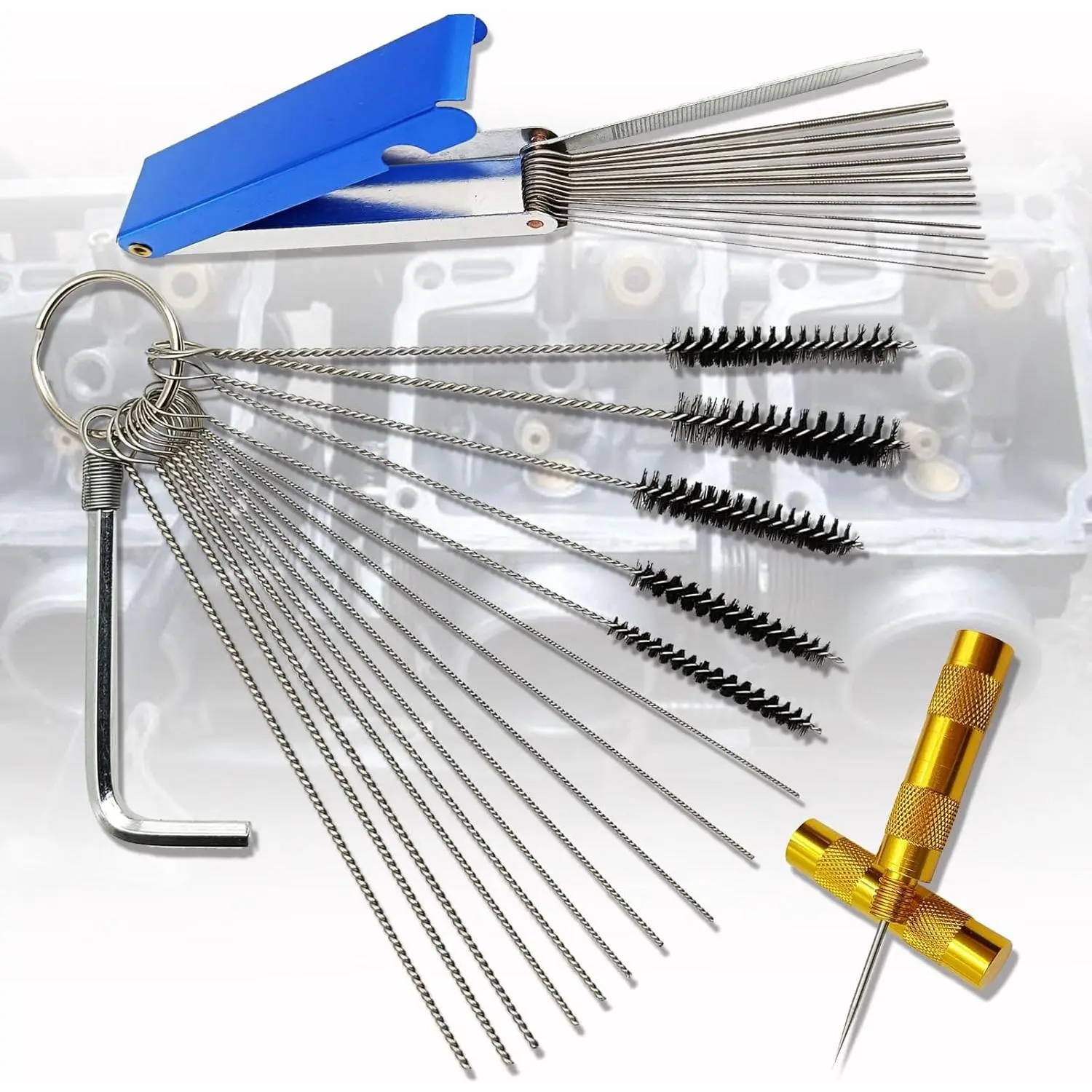 Premium Stainless Steel Torch Tip Carburetor Cleaning Kit Heavy Duty with 13 Cleaning Wires 10 Cleaning Needles 5 Nylon Brushes 1 Throttle Wrench 1 Sharp Pick