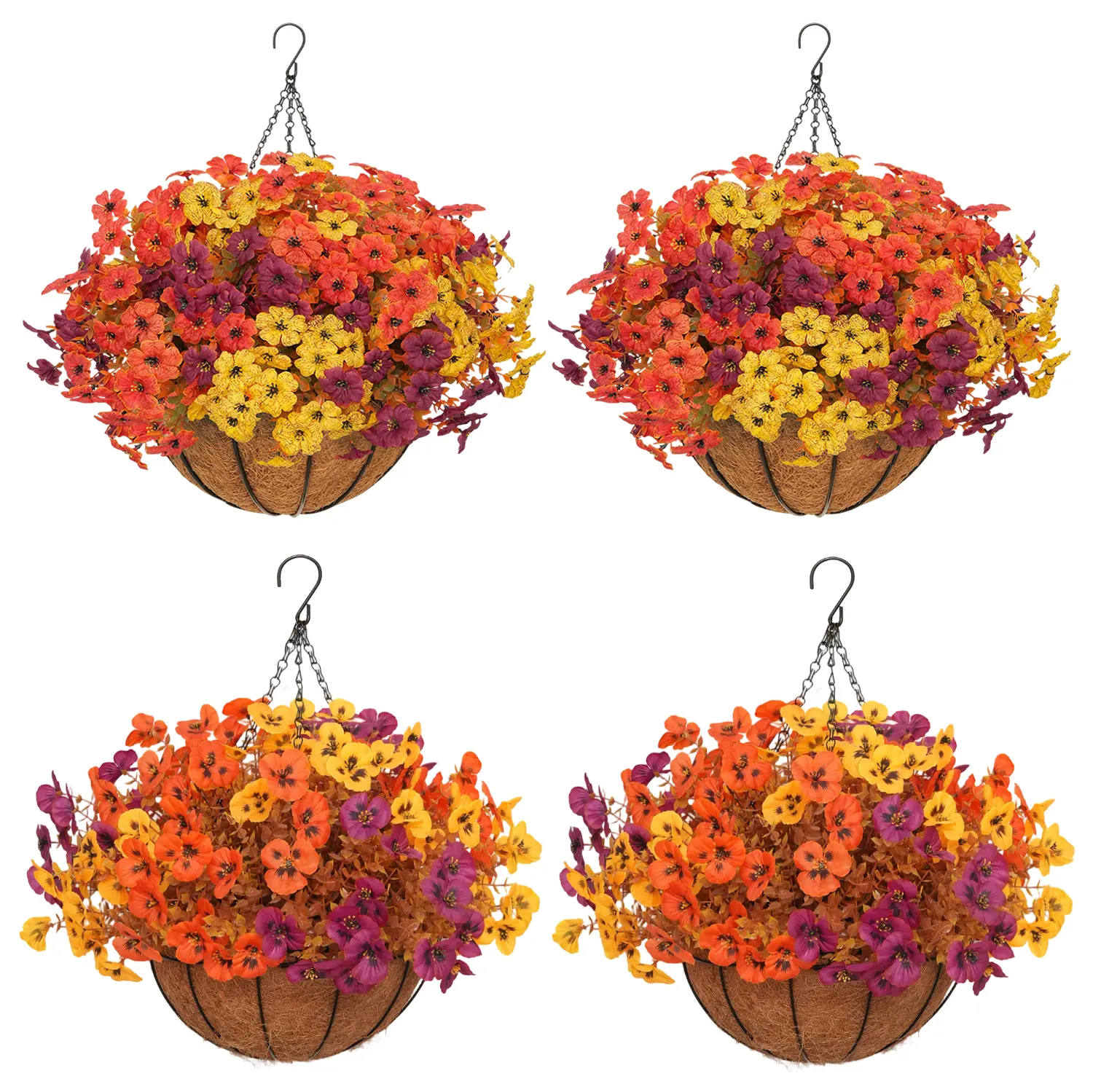 2Pcs Artificial Fall Hanging Flower Baskets, Faux Autumn Mixed Orange Purple Yellow Flowers with Coconut Liner, UV Resistant Fake Hanging Flowers, Fall Harvest Thanksgiving Decor for Porch Patio Balcony Garden Indoor Outdoor Home Decoration