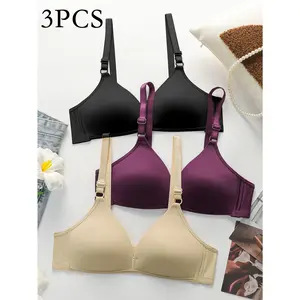 3PCS Women's Casual Comfy Fabric Plain Padded Comfortable Solid Underwear Soft Cup Lace Free Feel in Girl Wireless Bra Basic Everyday Wear Minimalist Black Womenswear