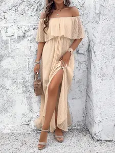 Women's Plain Swiss Dot Fringe Decor Tie Front Ruffle Off Shoulder Aesthetic Dress, Elegant Style Butterfly Sleeve Split A Line Dress for Summer, Ladies Clothes for Beach Holiday Womenswear