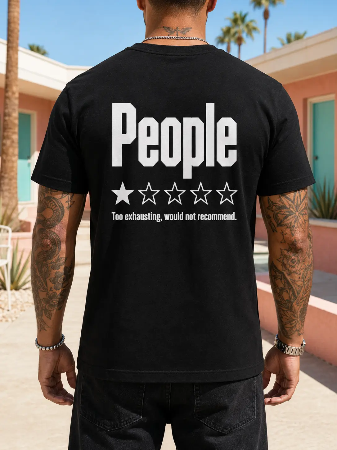 Men's 100% Cotton Short-Sleeve Round Neck Streetwear Graphic T-Shirt Large Back Funny Print(People Too exhausting,would not recommend)Breathable,Casual Top,Gift For Husband/Boyfriend,Crewneck Black Tee,Summer Menswear Apparel,Men's Print Underwear  Tshirt