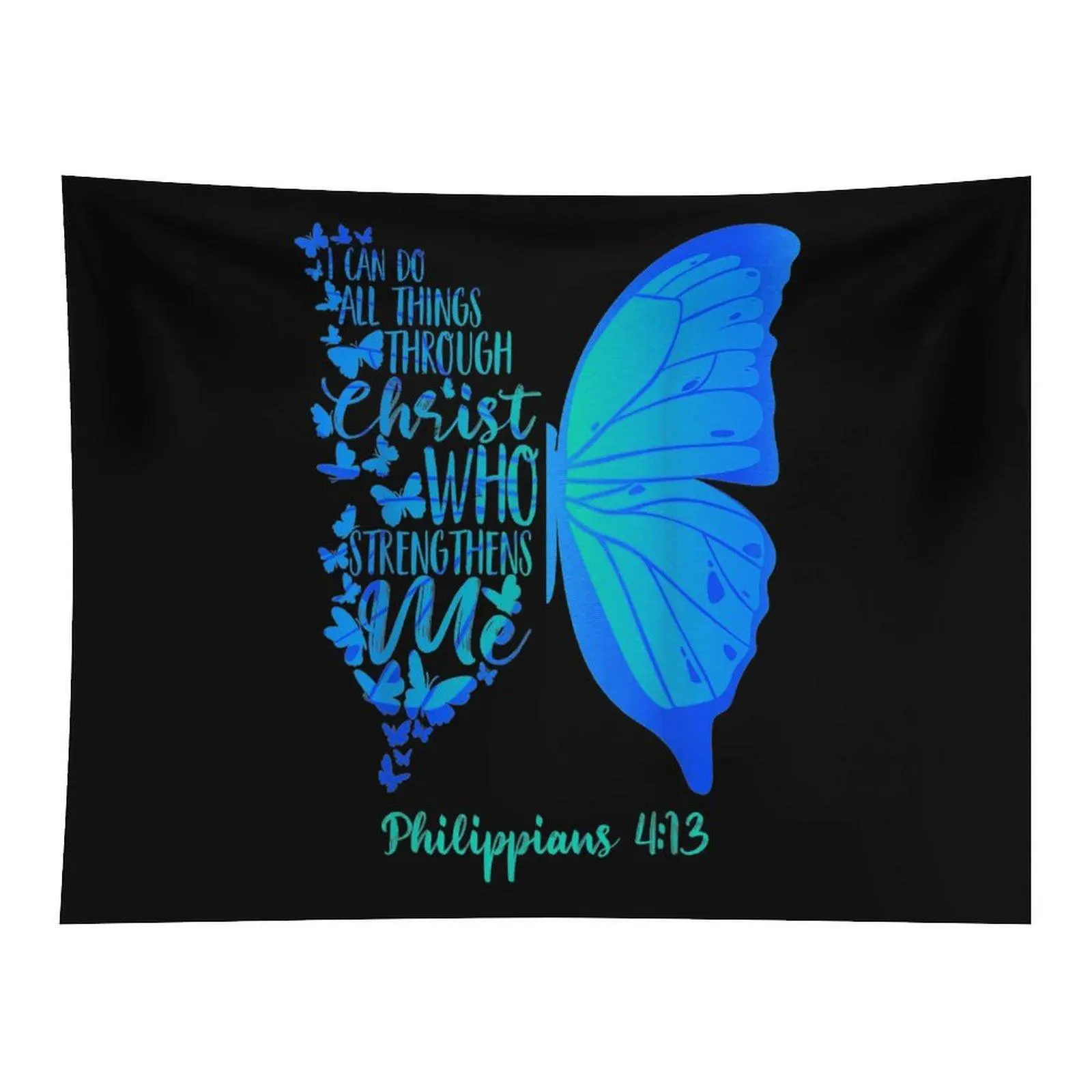 Blue Gradient Butterfly Philippians 4:13 Bible Verse Wall Tapestry Inspirational Christian Faith Art Bedroom Living Room Wall Ornament
