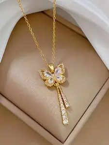 Elegant Women's Zirconia Butterfly Pendant Necklace, Stainless Steel Chain, Perfect Gift for Valentine's Day & Daily Wear