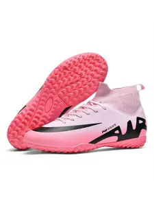 Men Women High Top Football Shoes, Anti-Slip Durable Outdoor Lawn Soccer Shoes, Super Grip Support, Fashionable Upper Material PU