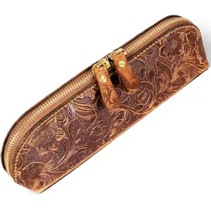Pen Case, Full Grain Leather Pencil Holder, Hand-made Stationery Bag for Work & Office,  Style, Floral Brown