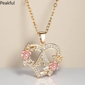 Trendy Love Heart Flower Pendant Necklace – Vintage Gold A-Z 26 Letters Necklace for Women, Perfect Wedding Jewelry & Personalized Gift, Stylish and Elegant Gift for Girls