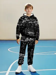 Boys' Fashionable 3D Printed Hoodies Sweatshirts & Sweatpants Set, Long Sleeve Casual Wear for Spring & Fall, Regular Fit Outdoor Clothing for Kids Aged 5+