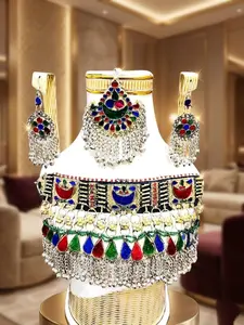 Luxury Boho Statement Jewelry Set – Colorful Tribal Choker Necklace with Earrings & Headpiece | Vintage Afghan Ethnic Bridal Jewelry Set for Women.