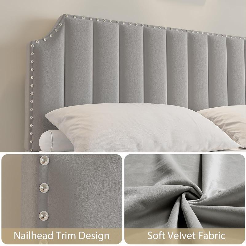 King Size Platform Bed Frame with 50.2" Tall Headboard, Velvet Upholstered Bed Frame King with Vertical Channel Tufted Headboard & Footboard, Nailhead Trim, No Box Spring Needed