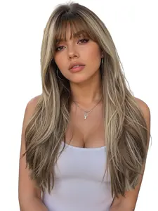 26 Inch Long Curly Wig with Bangs, Deep Synthetic Hair, Natural Look, Easy Maintenance, Suitable for All Ages and Occasions, Synthetic Hair Wigs