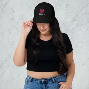 Personalized Trucker Cap with Custom Name & Heart Design | Trendy Black Mesh Hat | Unique Gift for Her | Custom Embroidered Trucker Hat ✨