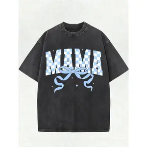 Vintage Washed Street Style TShirt with Bowknot Print and Checkered Pattern in Blue and White Loose Fit Short Sleeve Summer Casual Top