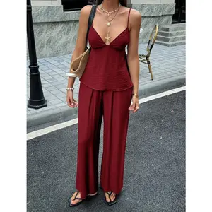 Fashion Womenswear Deep V Backless Crop Top and Wide Leg Pants women’s 2 piece set, Sleeveless Fitted H-Type matching sets for women, Vacation Style summer outfits set for Resort, Beach, Travel, Party and Daily Wear