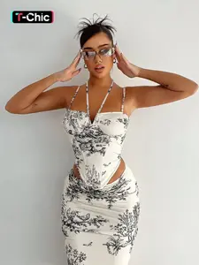 Women's All Over Print Skirt Set, Elegant Halter Neck Sleeveless Backless Corset Crop Top & Ruched Bodycon Skirt, Ladies Summer Clothes for Party Dating, Skinny Womenswear, Cute Two Piece Sets, Matching Clothing Set