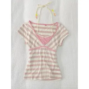 Cuteore Kawaii Coquette T Shirts Women Japanese Style Y2k Sweet Striped Patchwork Slim Tees Tops Soft Girl Summer 2025