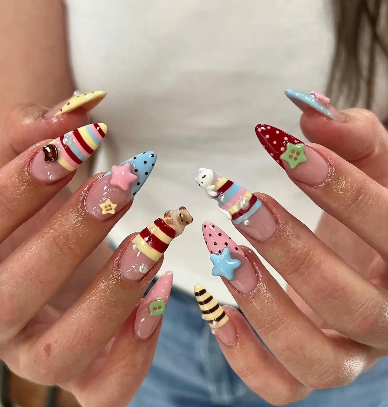 Kawaii Candy Stripe Bear Star Press On Nails, Colorful 3D Charm Stiletto Handmade Reusable Luxury Fake Nails Button Polka Dot Set