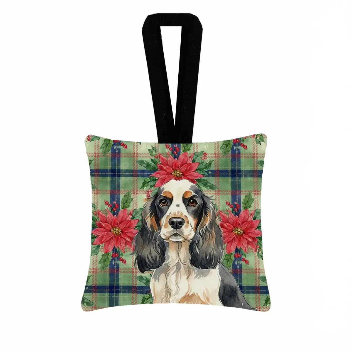 Carolines Treasures WDK8584PO3 3.5x3.5in Traditional Lightweight Christmas Holiday Floral Poinsettia Flowers Cocker Spaniel Artwork Hanging Square Fabric Ornament, Festive Home Decor, Tree Gift