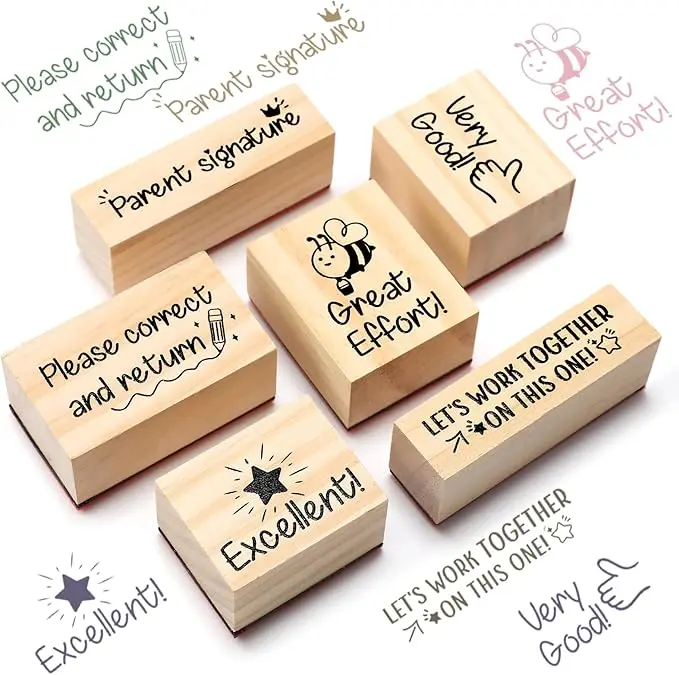 6 Pcs Teacher Rubber Stamp Set Motivate Encouraging Messages Wooden Teaching Rubber Stamp Vintage Art for Classroom Grading Home School Teacher Supplies Back School and DIY Card Making