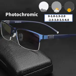 Men's Half Frame Photochromic Glasses Women Trendy Business Square Color Changing Myopia Eyeglasses Unisex Fashion Sunglasses