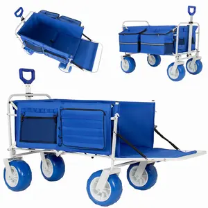 ARCH Foldable Wagon Cart with Extendable Gate, 9-in All-Terrain Wheels, Steel Frame, 500 lbs Load, Adjustable Handle, Collapsible Heavy-Duty Design, Cooler & Storage Bags for Beach, Camping, Outdoor Use, Blue