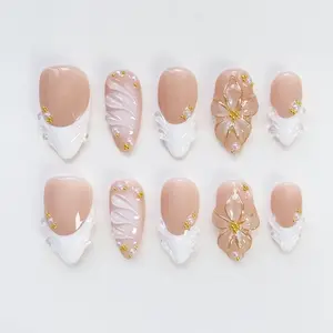 Bloom Flower White French Press On Nails Short Almond Nails, Wedding Nails