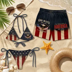 God Bless America Matching Couple Swimwear, Patriotic 1776-2026 American Flag Shirt Bikini Set, 250th Anniversary Gift